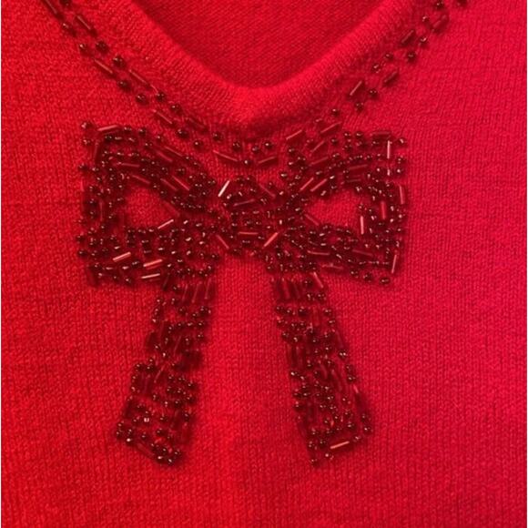 Vintage Norton McNaughton Red Sweater Beaded Bow Holiday Coquette Christmas - Picture 2 of 4